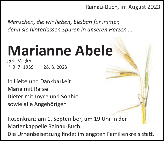 Traueranzeige von Marianne Abele von Schwäbische Post