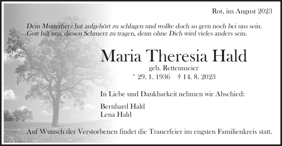 Traueranzeige von Maria Theresia Hald von Schwäbische Post