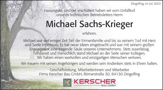 Traueranzeige von Michael Sachs-Krieger von Gmünder Tagespost