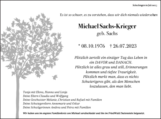 Traueranzeige von Michael Sachs-Krieger von Gmünder Tagespost