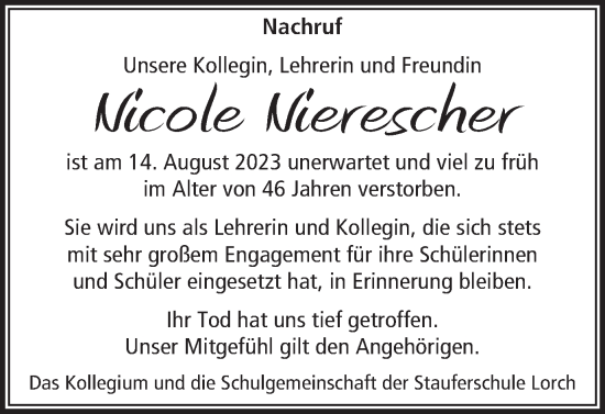 Traueranzeige von Nicole Nierescher von Gmünder Tagespost