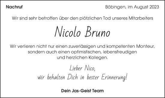 Traueranzeige von Nicolo Bruno von Gmünder Tagespost