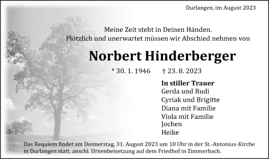 Traueranzeige von Norbert Hinderberger von Gmünder Tagespost