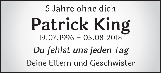 Traueranzeige von Patrick King von Schwäbische Post