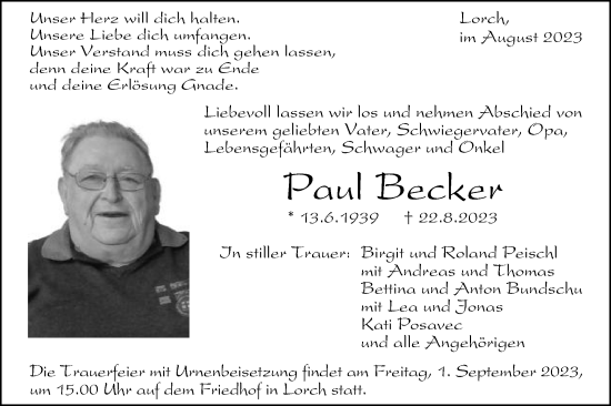 Traueranzeige von Paul Becker von Gmünder Tagespost