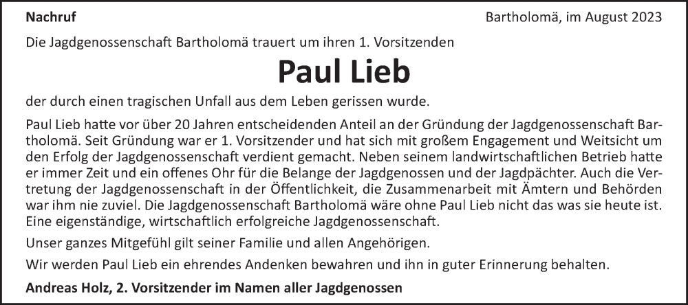  Traueranzeige für Paul Lieb vom 12.08.2023 aus Gmünder Tagespost
