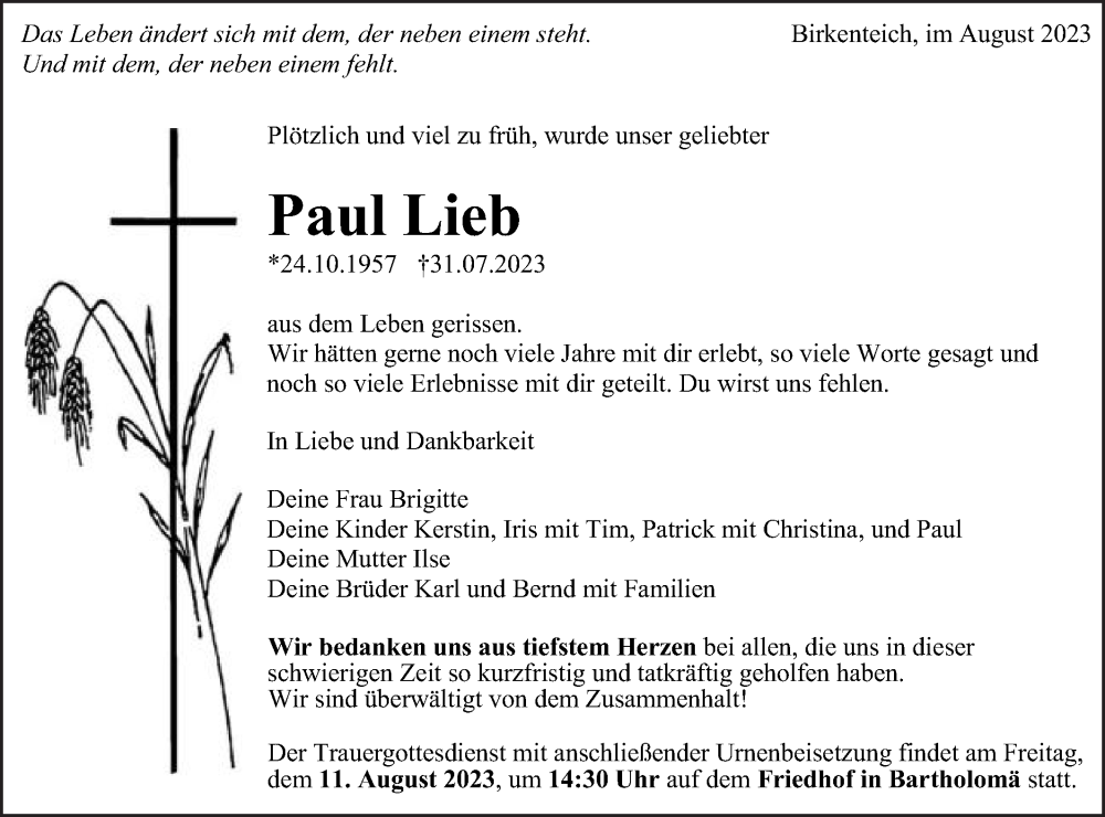  Traueranzeige für Paul Lieb vom 05.08.2023 aus Gmünder Tagespost