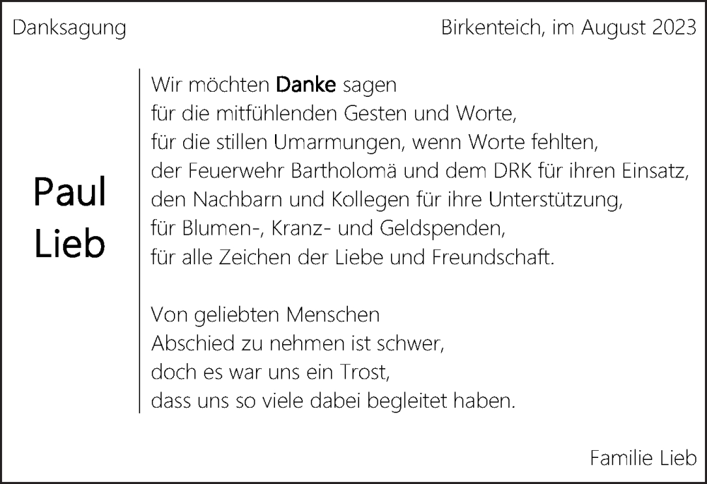  Traueranzeige für Paul Lieb vom 31.08.2023 aus Gmünder Tagespost
