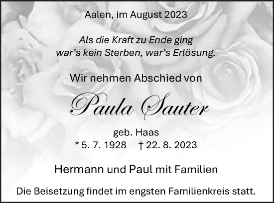 Traueranzeige von Paula Sauter von Schwäbische Post