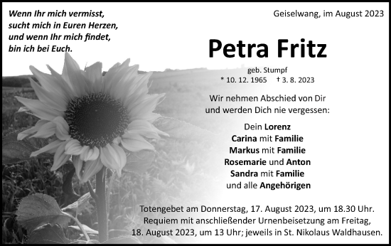 Traueranzeige von Petra Fritz von Schwäbische Post