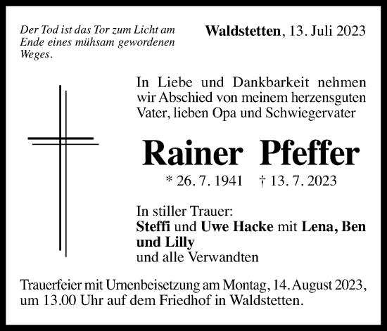 Traueranzeige von Rainer Pfeffer von Gmünder Tagespost