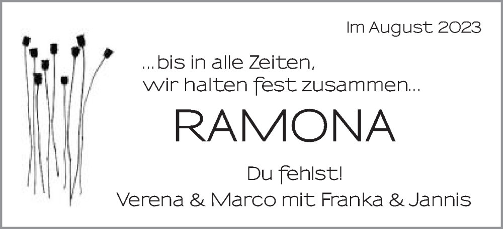  Traueranzeige für Ramona  Lohner  vom 16.08.2023 aus Schwäbische Post