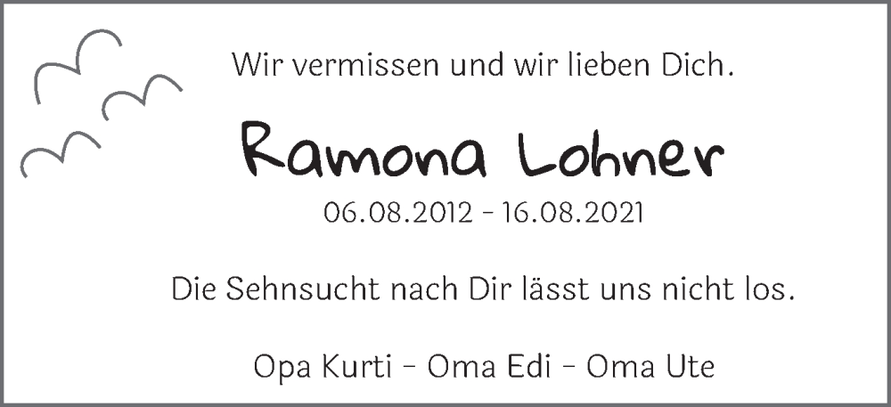  Traueranzeige für Ramona  Lohner  vom 16.08.2023 aus Schwäbische Post