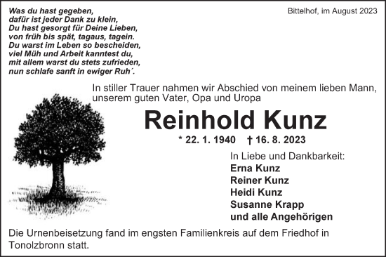 Traueranzeige von Reinhold Kunz von Gmünder Tagespost