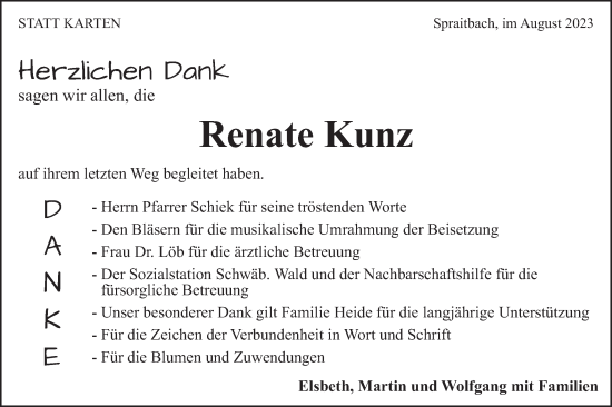 Traueranzeige von Renate Kunz von Gmünder Tagespost