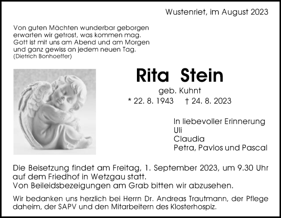 Traueranzeige von Rita Stein von Gmünder Tagespost