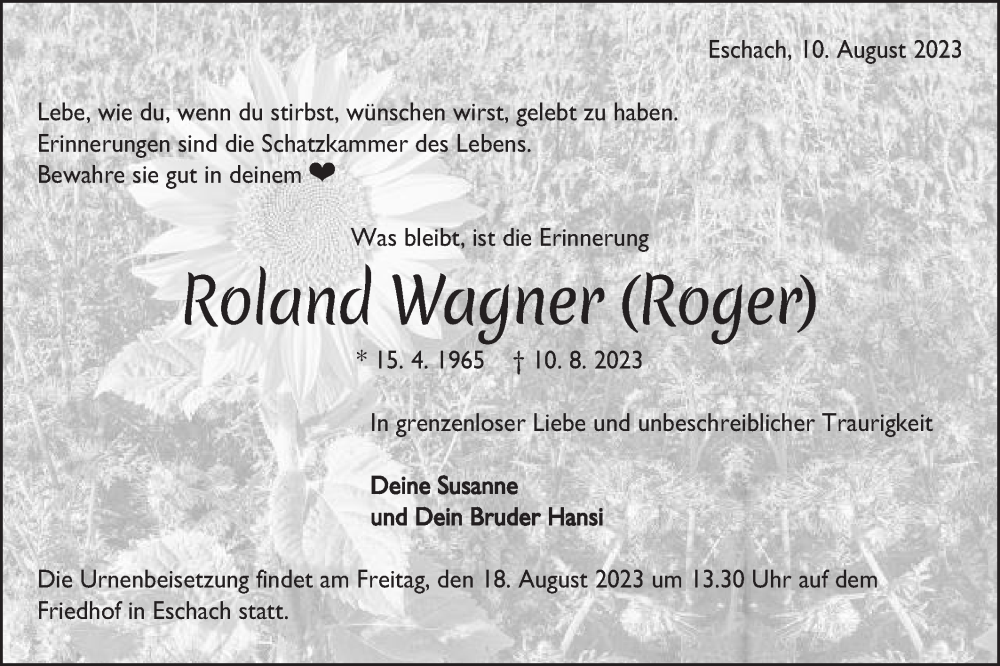  Traueranzeige für Roland Wagner vom 15.08.2023 aus Gmünder Tagespost