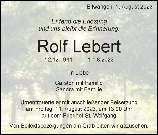 Traueranzeige von Rolf Lebert von Schwäbische Post