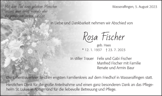 Traueranzeige von Rosa Fischer von Schwäbische Post