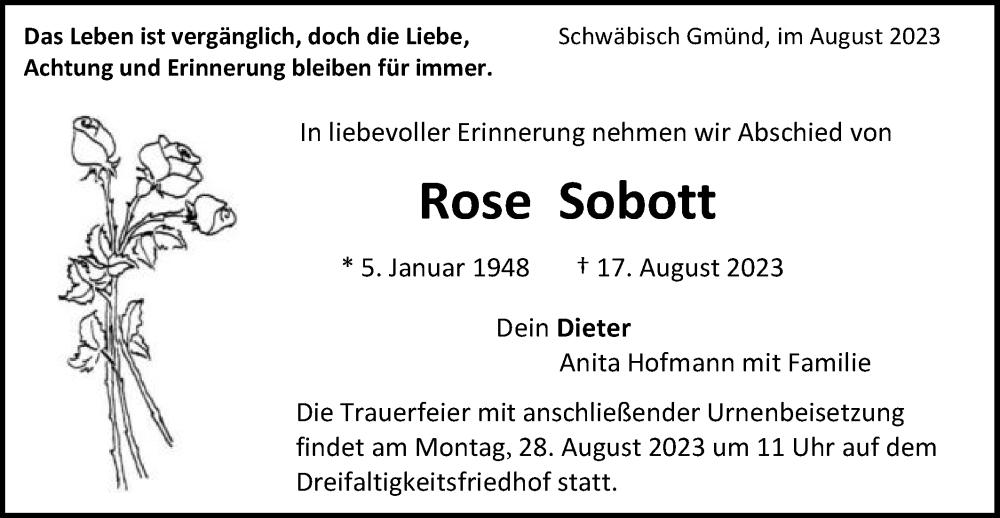  Traueranzeige für Rose Sobott vom 24.08.2023 aus Gmünder Tagespost