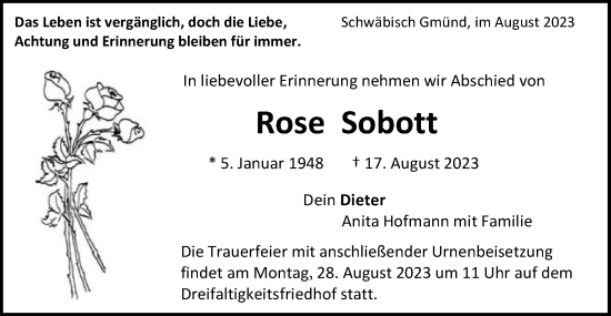 Traueranzeige von Rose Sobott von Gmünder Tagespost