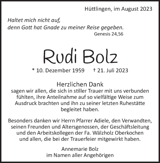 Traueranzeige von Rudi Bolz von Schwäbische Post