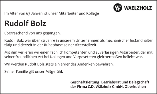 Traueranzeige von Rudolf Bolz von Schwäbische Post