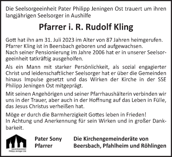 Traueranzeige von Rudolf Kling von Schwäbische Post