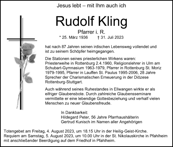 Traueranzeige von Rudolf Kling von Schwäbische Post