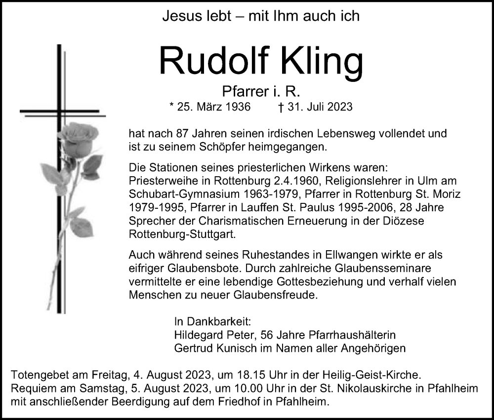  Traueranzeige für Rudolf Kling vom 03.08.2023 aus Schwäbische Post