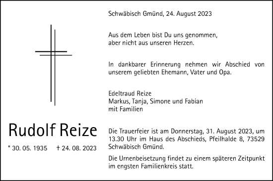 Traueranzeige von Rudolf Reize von Gmünder Tagespost