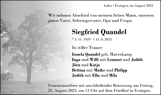 Traueranzeige von Siegfried Quandel von Schwäbische Post