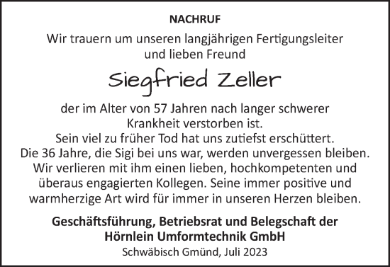 Traueranzeige von Siegfried Zeller von Gmünder Tagespost