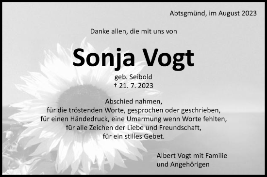 Traueranzeige von Sonja Vogt von Schwäbische Post