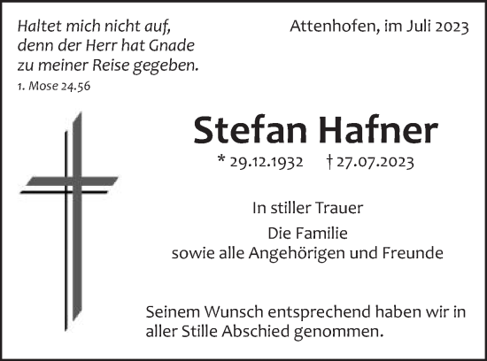 Traueranzeige von Stefan Hafner von Schwäbische Post