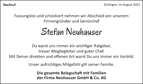 Traueranzeige von Stefan Neuhauser von Schwäbische Post