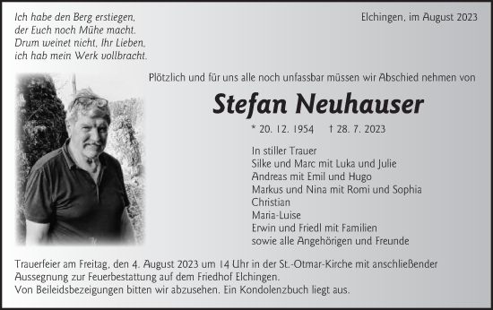 Traueranzeige von Stefan Neuhauser von Schwäbische Post