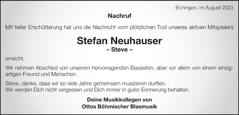  Traueranzeige für Stefan Neuhauser vom 02.08.2023 aus Schwäbische Post