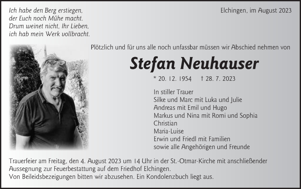  Traueranzeige für Stefan Neuhauser vom 01.08.2023 aus Schwäbische Post