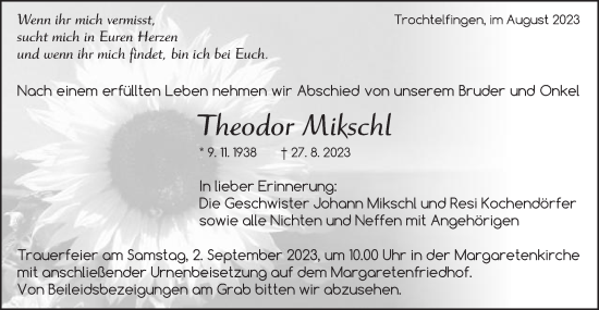 Traueranzeige von Theodor Mikschl von Schwäbische Post