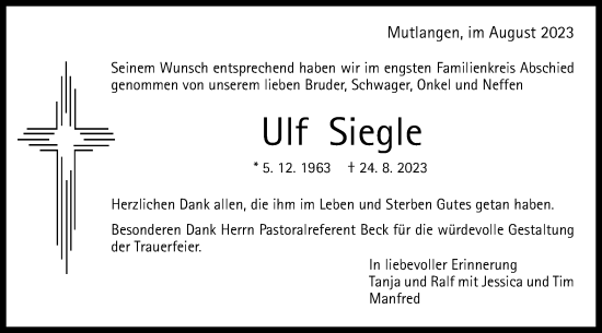 Traueranzeige von Ulf Siegle von Gmünder Tagespost