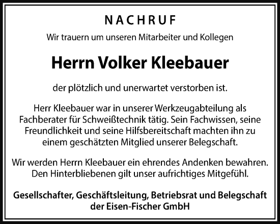 Traueranzeige von Volker Kleebauer von Schwäbische Post