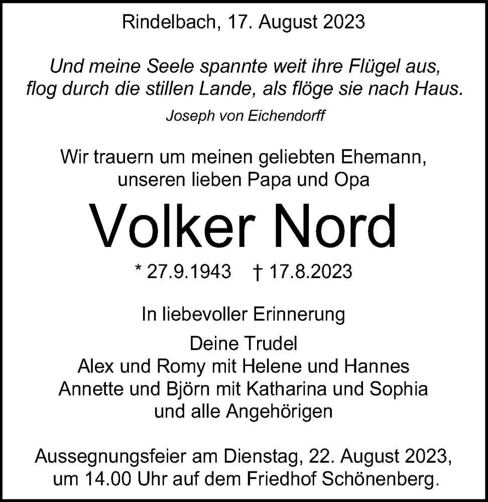  Traueranzeige für Volker Nord vom 19.08.2023 aus Schwäbische Post