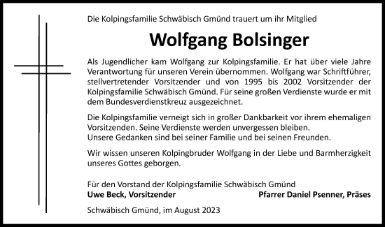 Traueranzeige von Wolfgang Bolsinger von Gmünder Tagespost