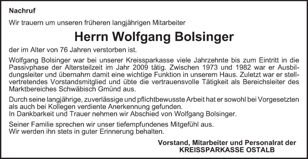  Traueranzeige für Wolfgang Bolsinger vom 01.08.2023 aus Gmünder Tagespost
