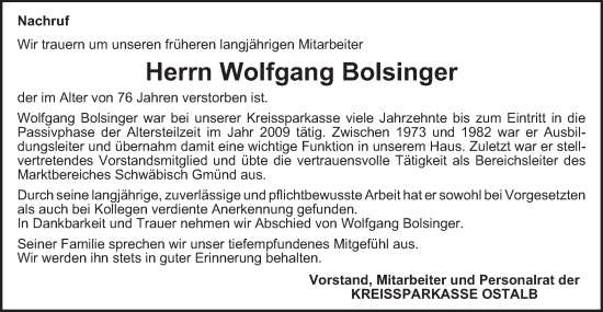 Traueranzeige von Wolfgang Bolsinger von Gmünder Tagespost