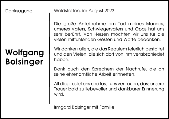 Traueranzeige von Wolfgang Bolsinger von Gmünder Tagespost