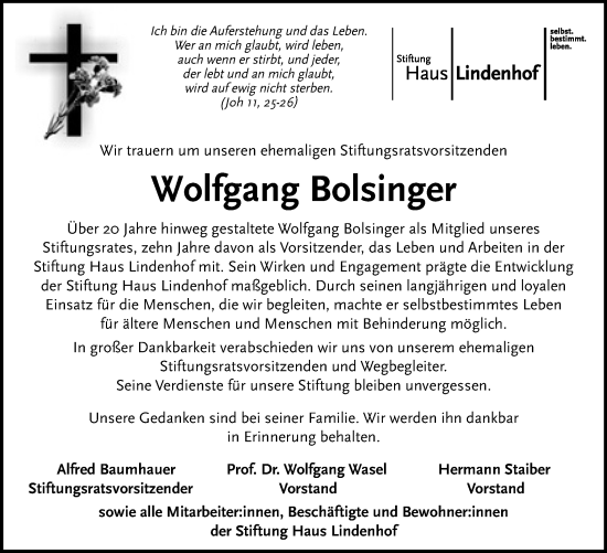 Traueranzeige von Wolfgang Bolsinger von Gmünder Tagespost