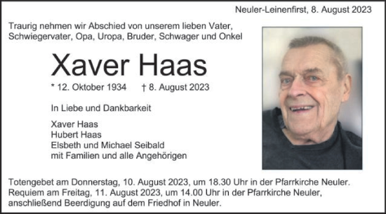 Traueranzeige von Xaver Haas von Schwäbische Post