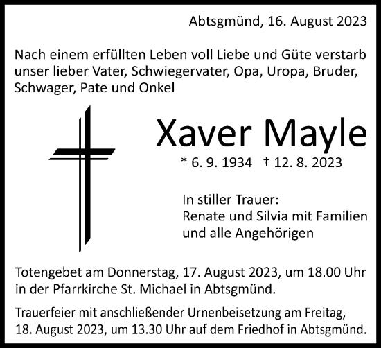 Traueranzeige von Xaver Mayle von Schwäbische Post